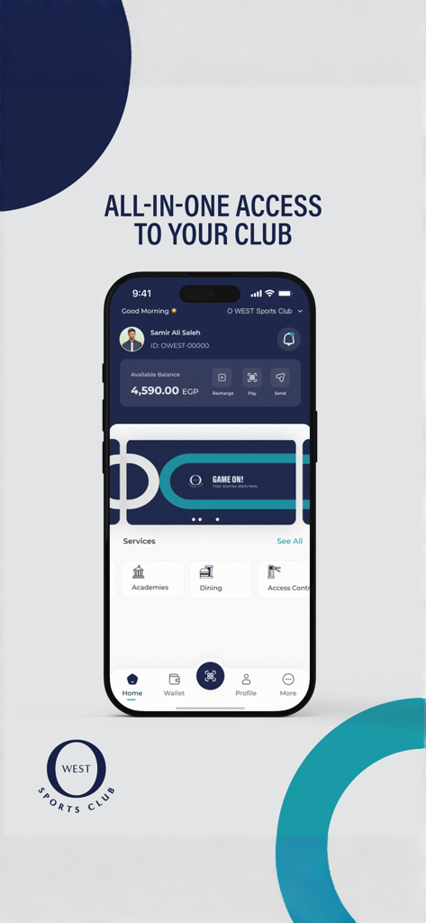 O West Sports Club mobile app dashboard featuring account balance and club service shortcuts