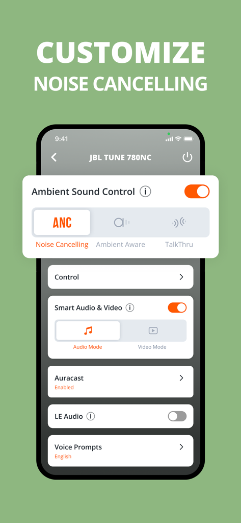JBL Headphones app interface for customizing noise cancelling and ambient sound control