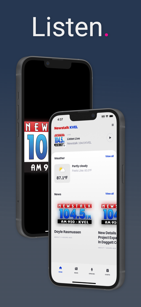 Newstalk 104.5 KVEL - Smartphone displaying the Newstalk 104.5 KVEL app home screen with live radio and local weather information.
