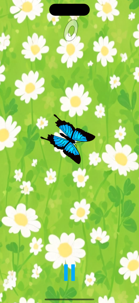 Un uccello nero che vola attraverso un cielo blu con nuvole in un gioco per cellulare progettato per gatti.