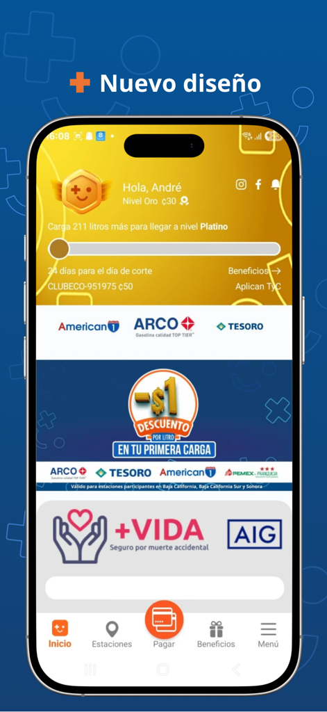 App SUMA - Mobile dashboard of App SUMA showing loyalty levels, fuel discounts, and partner gas stations like ARCO and Tesoro.