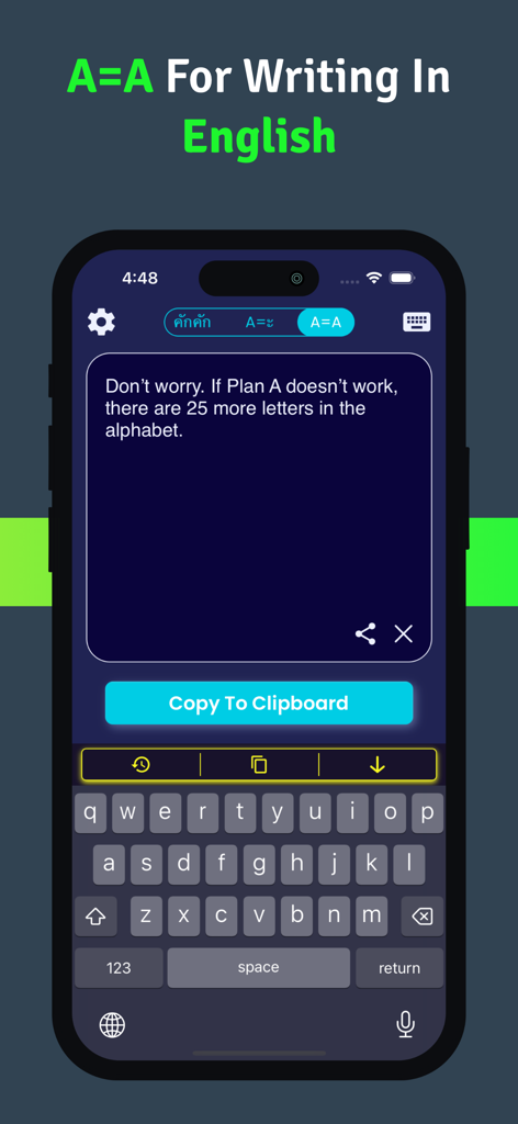 Thai Keyboard - Thai Keyboard App-Oberfläche, die den englischen Schreibmodus anzeigt.