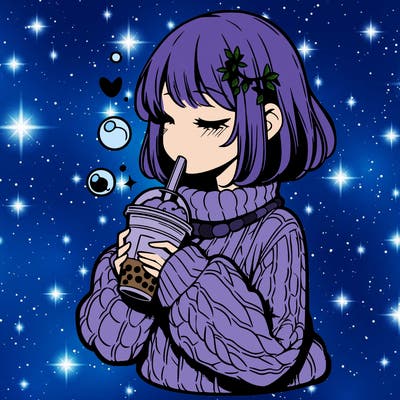 manga girl drinking boba in cozy sweater