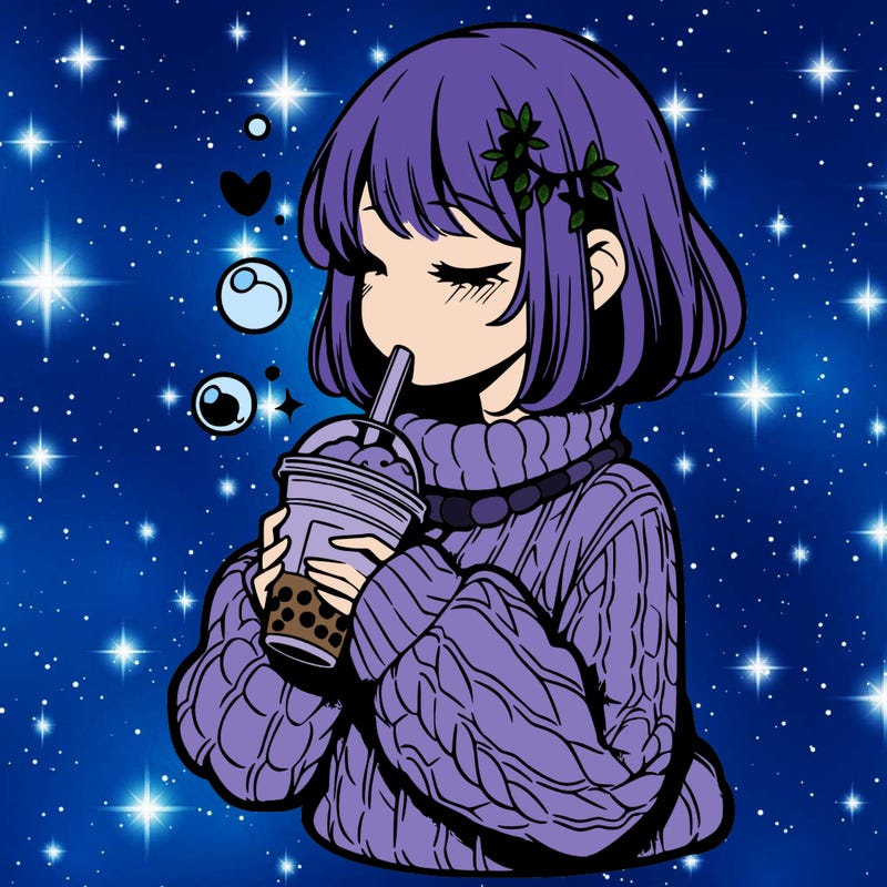 manga girl drinking boba in cozy sweater