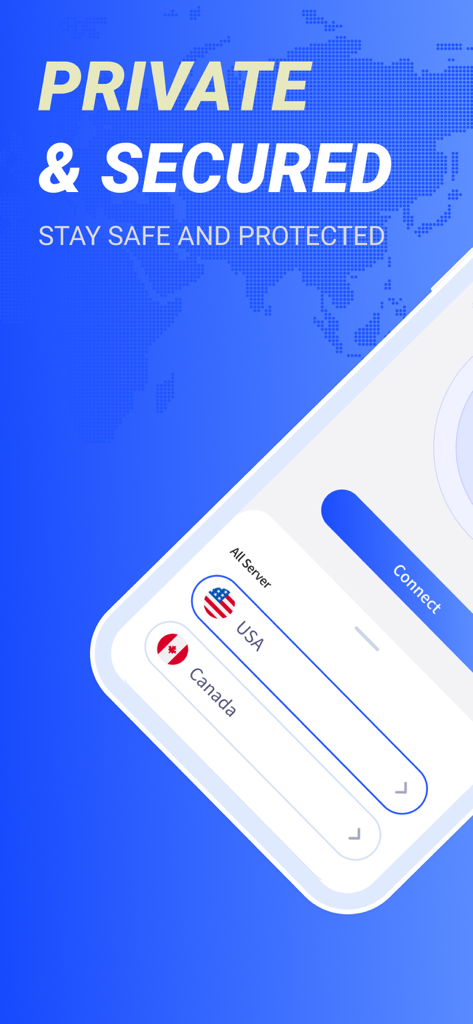 VPN Mobisec - Lightning Proxy - App interface for VPN Mobisec showing private connection options with USA and Canada servers.