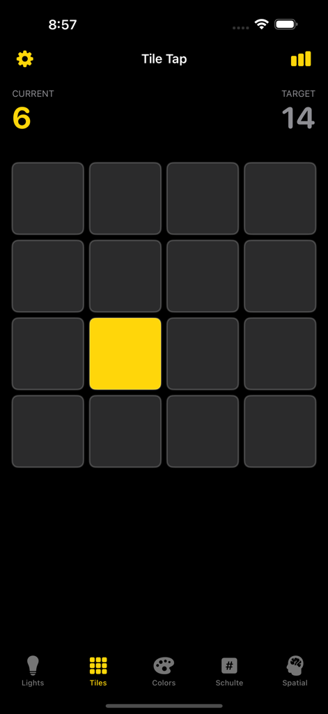 Reaction Time: Reflex Test - A minimalist interface of the Tile Tap game in the Reaction Time app showing a yellow tile on a gray grid.