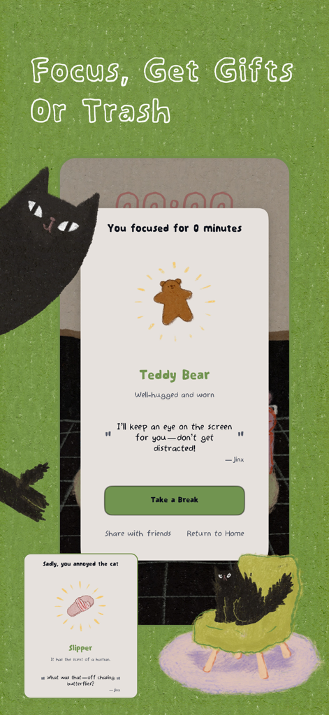 Cat On Chair: ADHD Focus - A cozy hand-drawn interface showing focus session rewards including a teddy bear gift and a slipper trash item for when the cat is annoyed.