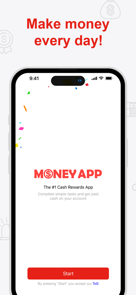 Money App – Cash & Rewards App - Schermata home di Money App con il titolo 'Guadagna soldi ogni giorno' e un pulsante di avvio rosso per iniziare a guadagnare premi in denaro