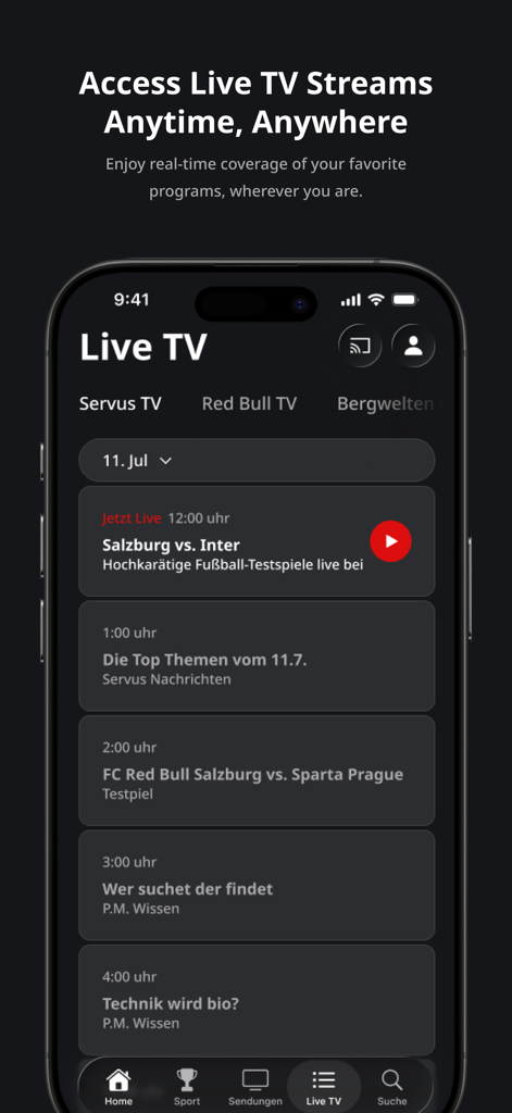 ServusTV On - ServusTV On app interface showing a list of live TV programs and sports events.