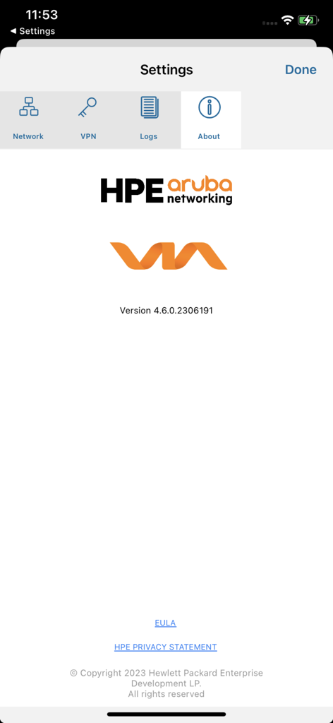 Pantalla Acerca de de la configuración de la aplicación HPE VIA mostrando información de versión y marca de Aruba Networking
