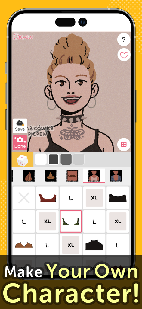 Écran de création de personnage dans Picrew OC Maker montrant les options de personnalisation pour un avatar féminin avec un chignon et un tatouage au cou.