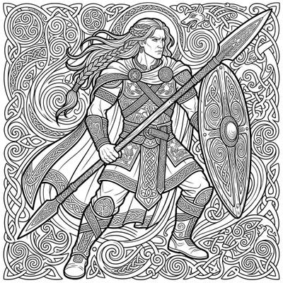 Journey into the heart of Irish mythology with this stunning adult coloring page featuring the legendary warrior, Cú Chulainn. Adorned with intricate Celtic knotwork and powerful imagery, it offers a challenging and rewarding creative escape.
