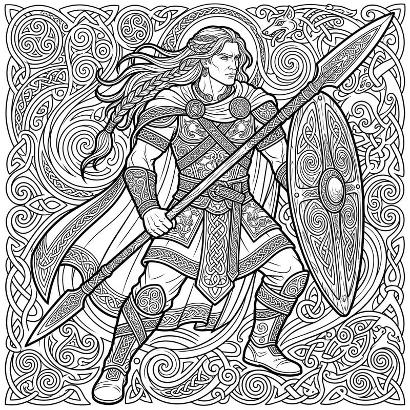 Journey into the heart of Irish mythology with this stunning adult coloring page featuring the legendary warrior, Cú Chulainn. Adorned with intricate Celtic knotwork and powerful imagery, it offers a challenging and rewarding creative escape.