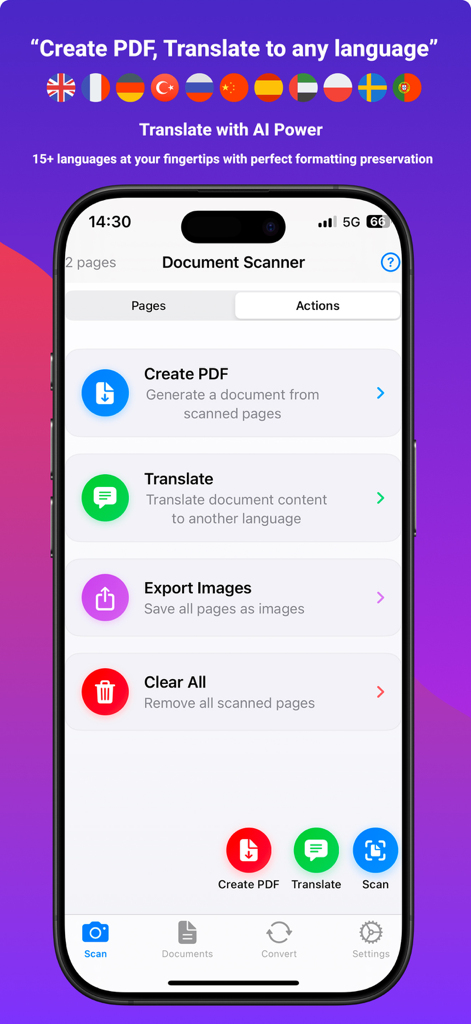 Pdf scan translate - Interfaz de la aplicación Pdf scan translate que muestra opciones de escáner de documentos y traducción