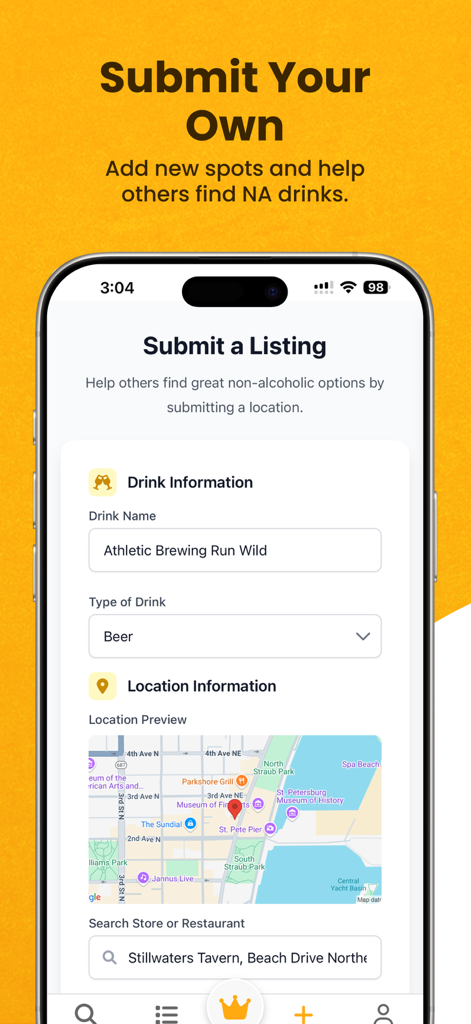 NA Beer Finder - Mobile screen for submitting a new non-alcoholic drink location with drink details and a map view