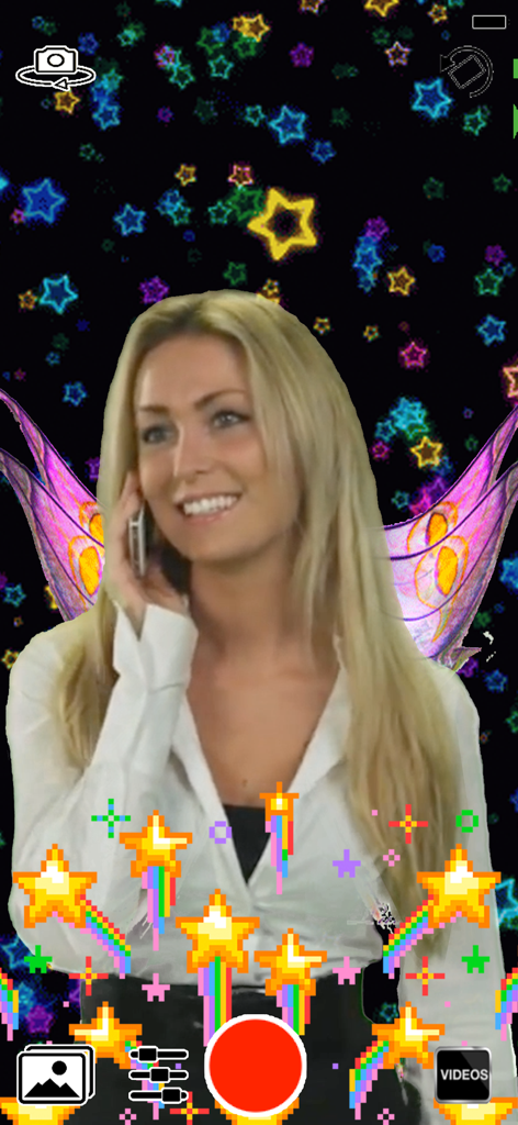 Green Screen Live Video Record - A woman recording a video using the Green Screen Live Video Record app with a magical starry background and rainbow star stickers