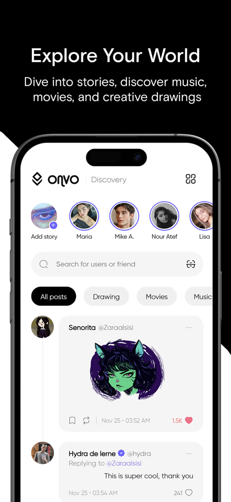 A smartphone screen showing the ONVO app discovery feed with user stories and a creative digital drawing post.