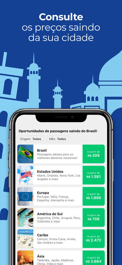 Melhores Destinos: Passagens - Melhores Destinos app showing flight deals from Brazil to USA Europe and other destinations
