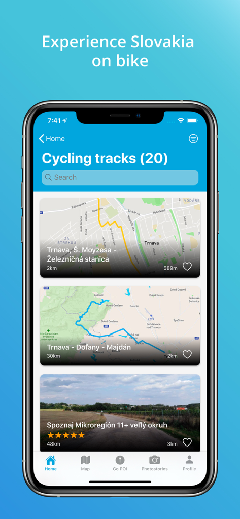 GoSlovakia - Mobile app screen showing cycling tracks and bike routes in the Trnava region of Slovakia with maps and distance details