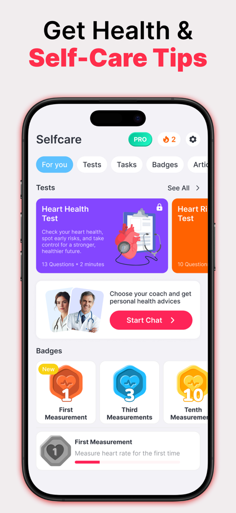 HeartIn app interface showing self-care resources including heart health tests, a health chatbot, and user achievement badges.