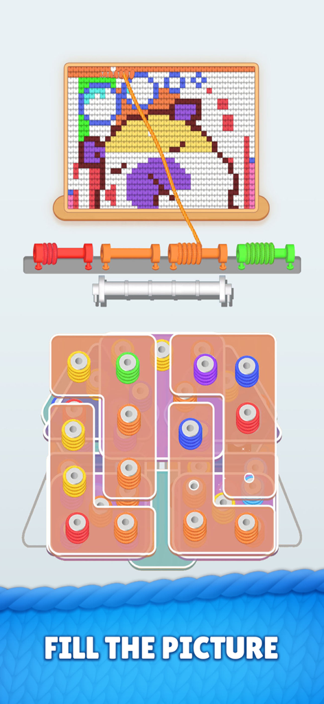 Yarnzle Stitch - Yarnzle Stitch mobile game screen featuring a color yarn sorting puzzle and a knitted artwork pattern