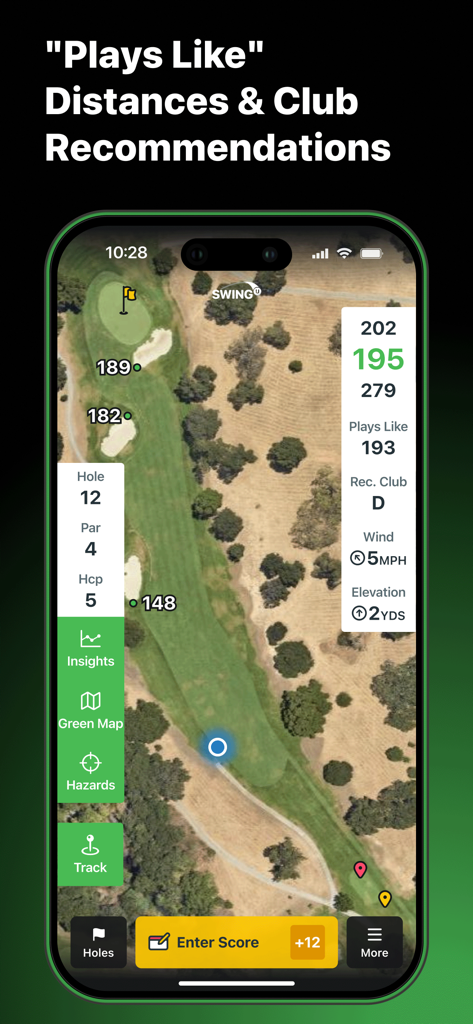 SwingU golf GPS app showing aerial course map with plays like distances and club recommendations