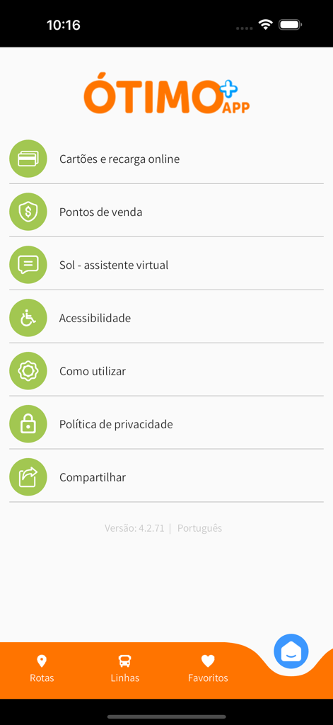 Menu de configurações e serviços do aplicativo de trânsito Otimo para Belo Horizonte