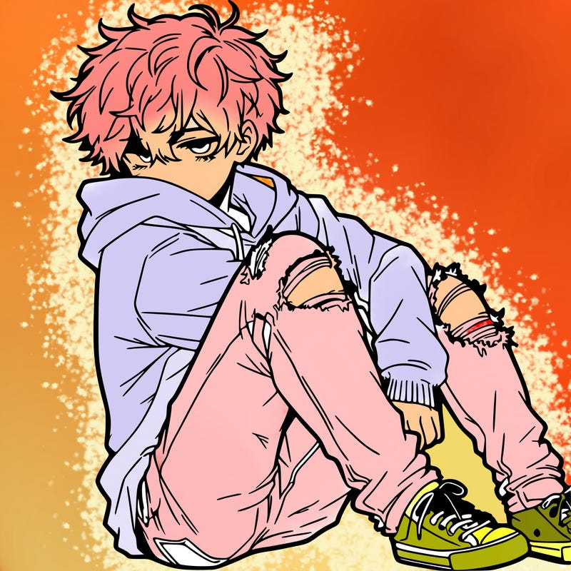 a male hoddie ripped jeans messy hair anime