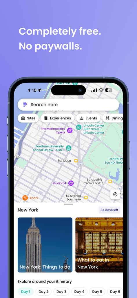 Ellipsis Travel - Interface de l'application Ellipsis Travel montrant une carte de New York avec des points d'intérêt et des fonctionnalités de planification de voyage gratuites