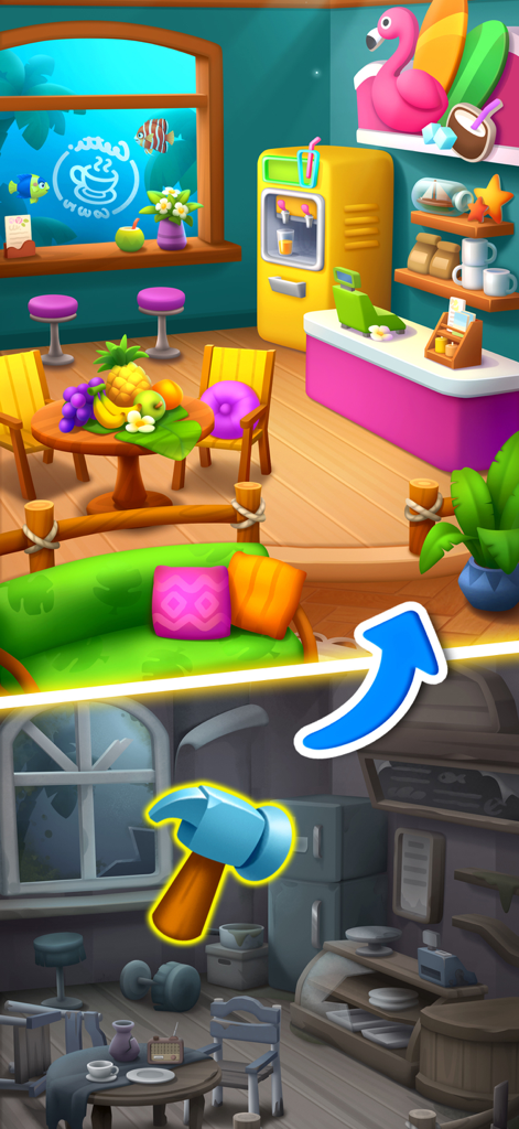 Merge Ocean - Cooking & Decor - Before and after comparison of a renovated aquarium cafe interior