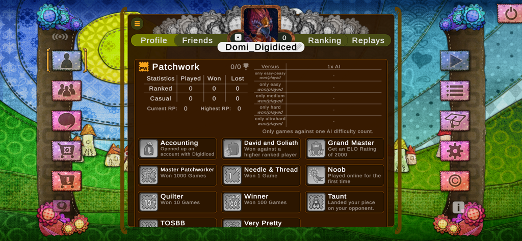 Patchwork The Game - User profile interface in Patchwork The Game displaying player statistics and achievements.