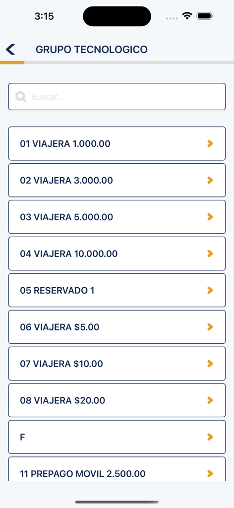 QPago - QPago app interface displaying a selection list for mobile recharges and travel service payments