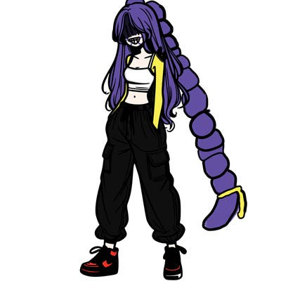 girl in baggy pants crop top and long hair