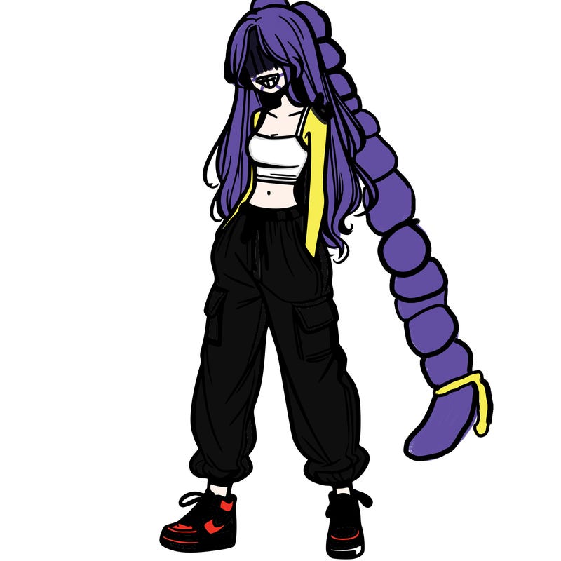 girl in baggy pants crop top and long hair