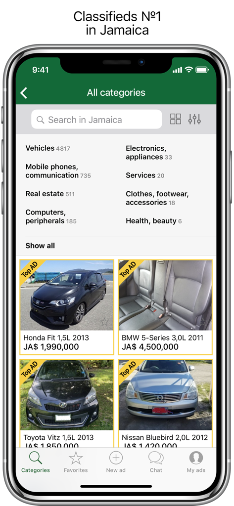 Jacars mobile app interface showing various shopping categories and vehicle listings in Jamaica