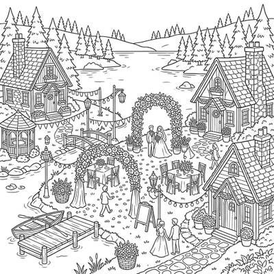 Immerse yourself in a beautiful lakeside wedding celebration with this intricate coloring page. Featuring quaint cottages and romantic floral decorations, it offers a serene and joyful scene to bring to life.