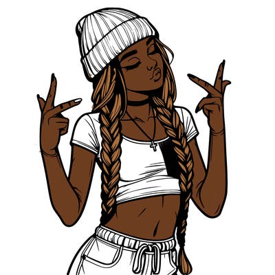 realistic teenage girl with braids and a beanie and crop top doing 🫶🏼