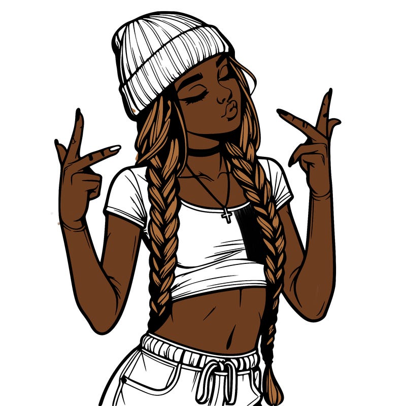 realistic teenage girl with braids and a beanie and crop top doing 🫶🏼