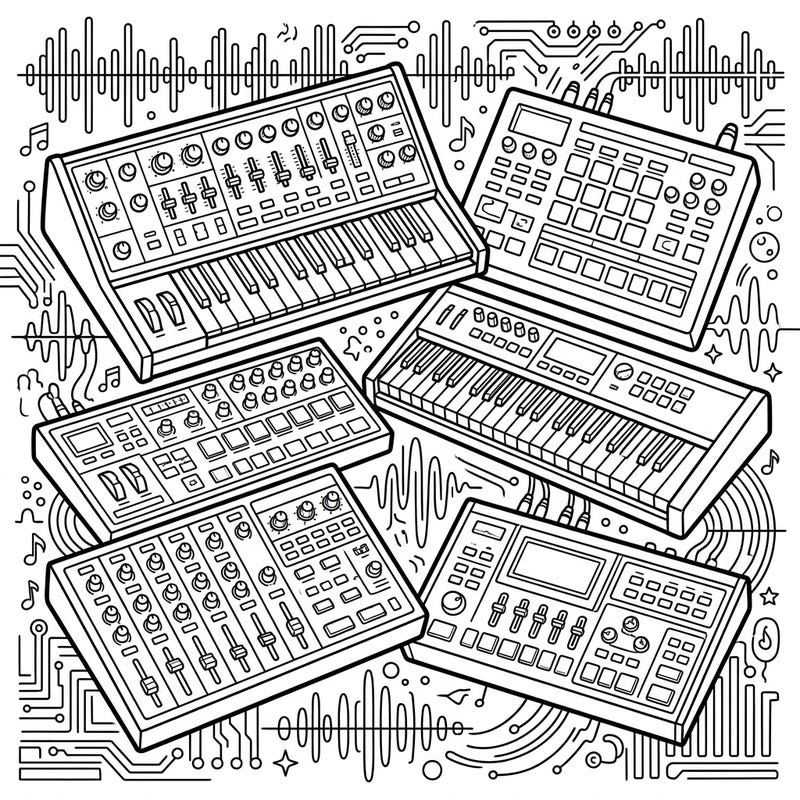 Explore the intricate world of electronic music with this dynamic coloring page featuring a collection of iconic instruments. Perfect for music lovers and aspiring producers, this design offers endless creative possibilities.