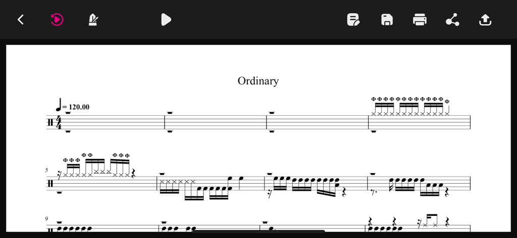 DrumScore - Drum Sheet Music - Digital drum sheet music titled Ordinary displayed in the DrumScore app interface