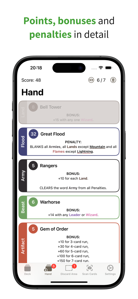 Fantasy Scoring - Smartphone screen showing card bonuses and penalties in the Fantasy Scoring app