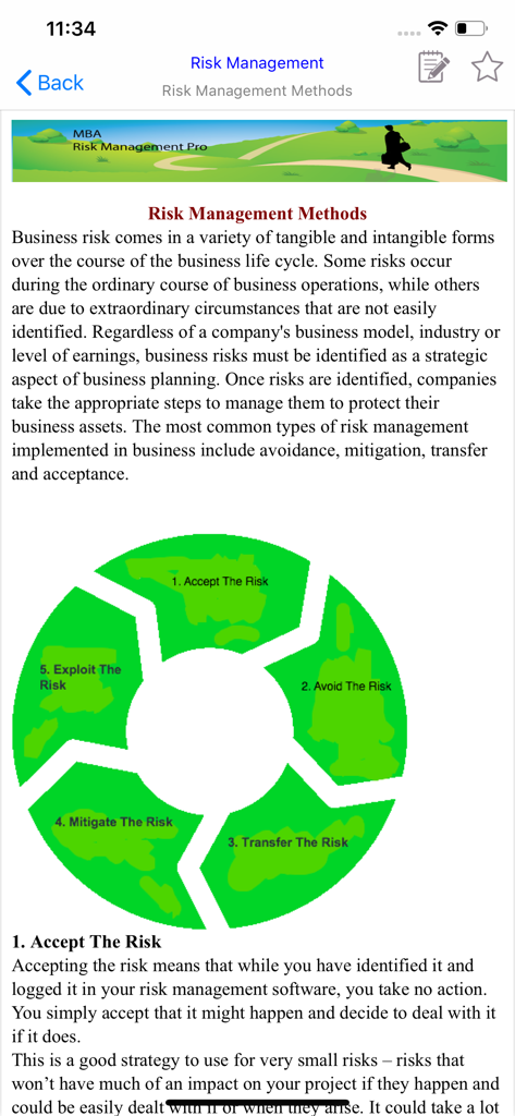MBA Risk Management - Kreisdiagramm mit fünf Methoden des Risikomanagements: Akzeptieren, Vermeiden, Übertragen, Mildern und Nutzen