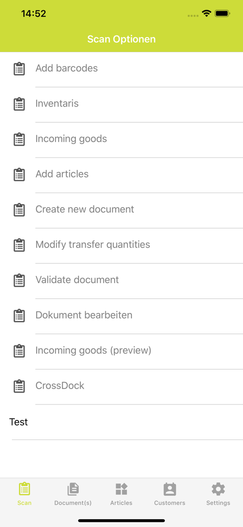 Trade-in - Der Bildschirm mit den Scan-Optionen der mobilen Trade-in-App, der Funktionen zur Bestandsverwaltung wie das Hinzufügen von Barcodes und Wareneingängen anzeigt.