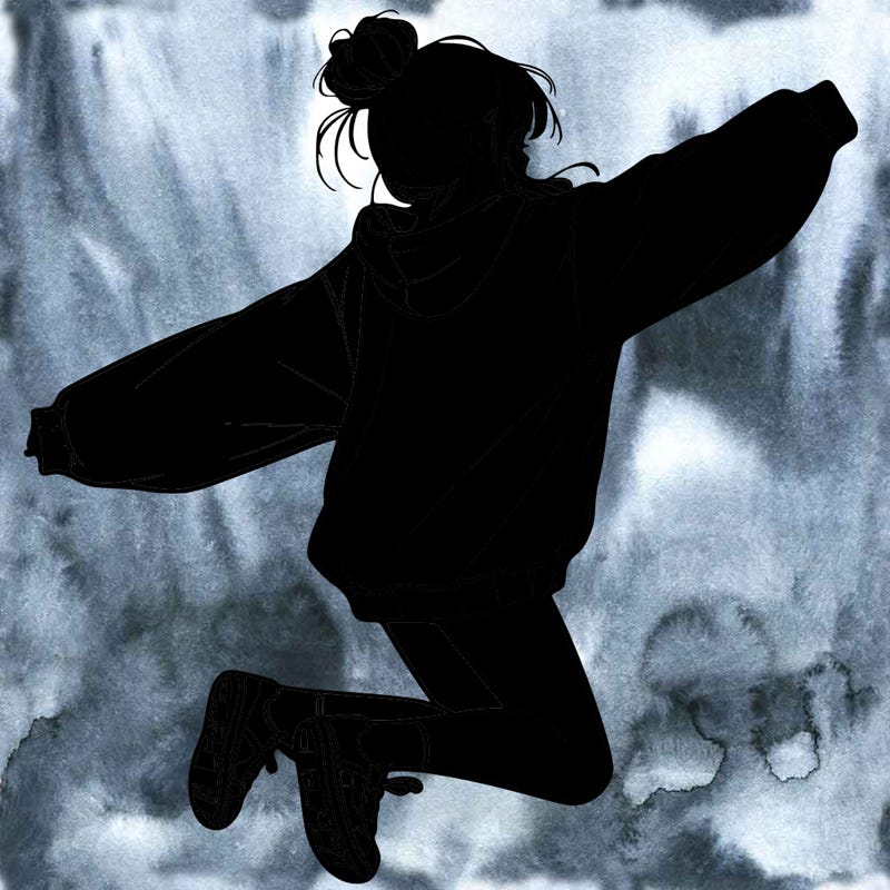 realistic girl jumping with a bun and oversized sweatshirt