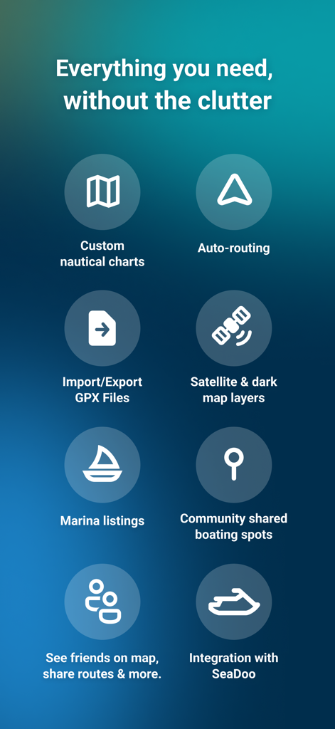 List of Wavve Boating app features including custom nautical charts auto-routing and social navigation tools