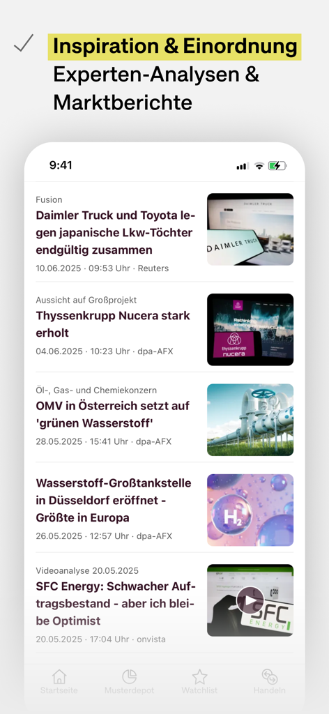 Le flux d'actualités de l'application onvista montrant des analyses d'experts et des rapports de marché sur les actions allemandes.