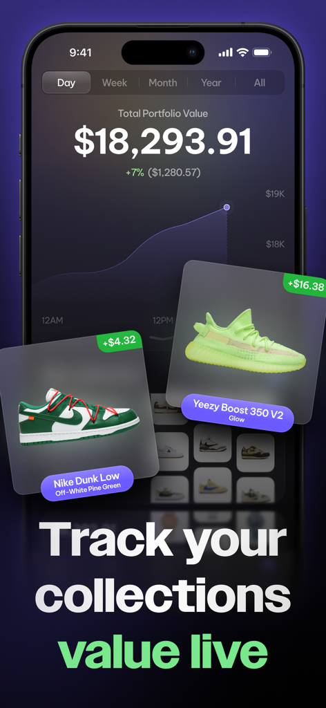 SwiftSole - Sneaker Releases - SwiftSole app interface showing real-time sneaker collection portfolio value and price trends