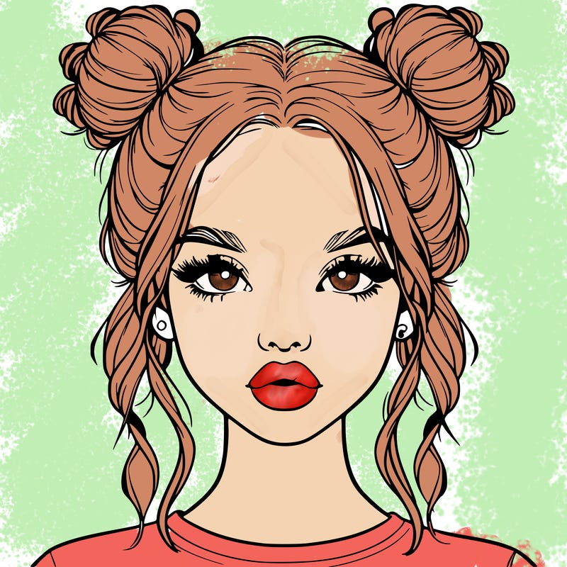 realistic girl with two buns in hair and lips