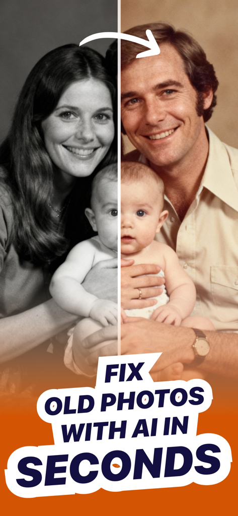 Fix Old Photos - Remend AI - Before and after comparison showing AI restoration and colorization of an old family photo