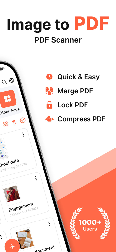 Image to PDF Converter + - Image to PDF Converter app interface showcasing scan merge lock and compress features